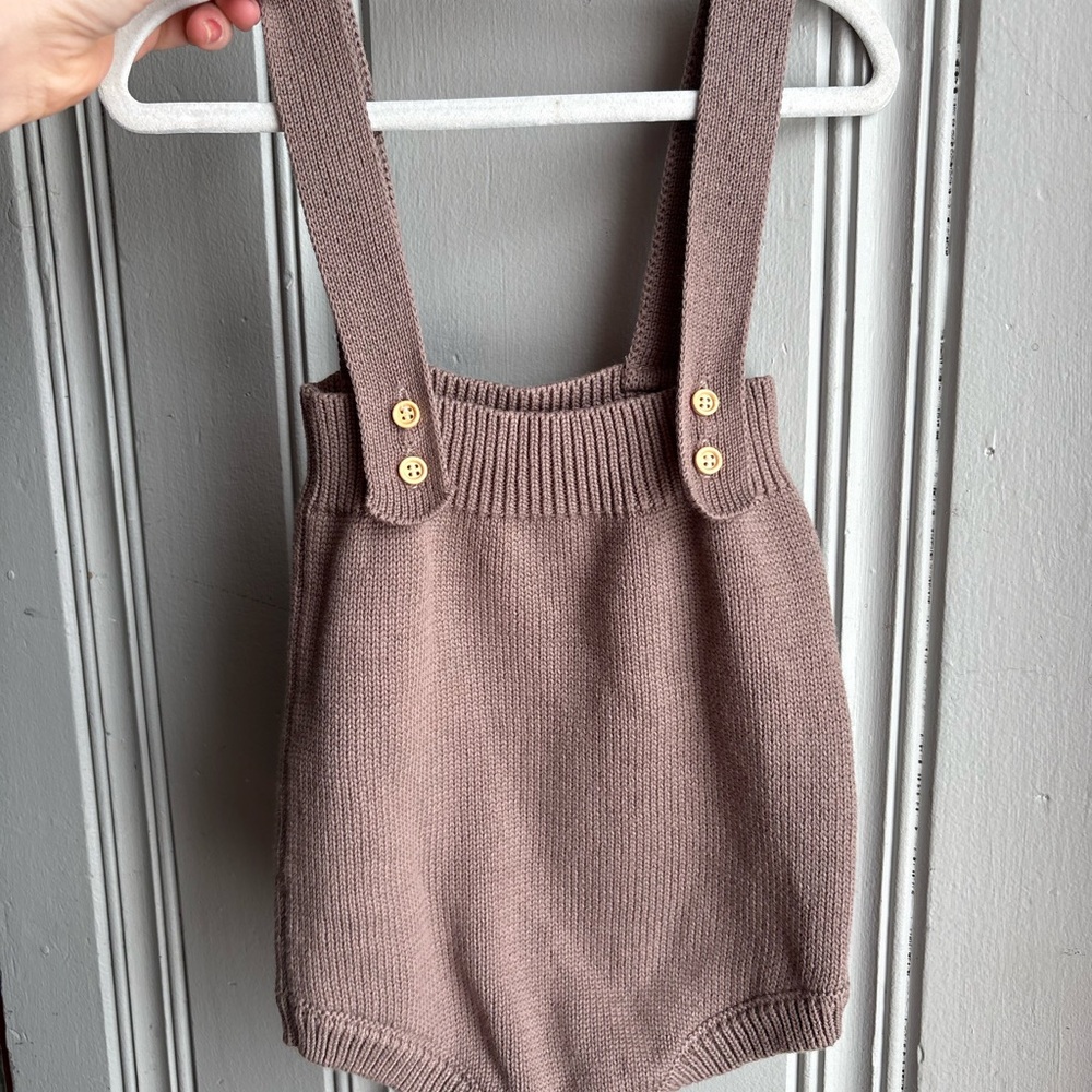Gil & Niya Infant Brown Cozy Knit Overall Romper with Button Straps